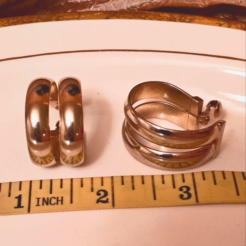 Vintage Bergere Silver Chunky Double Hoop Clip Earrings E1P62 - Picture 7 of 7